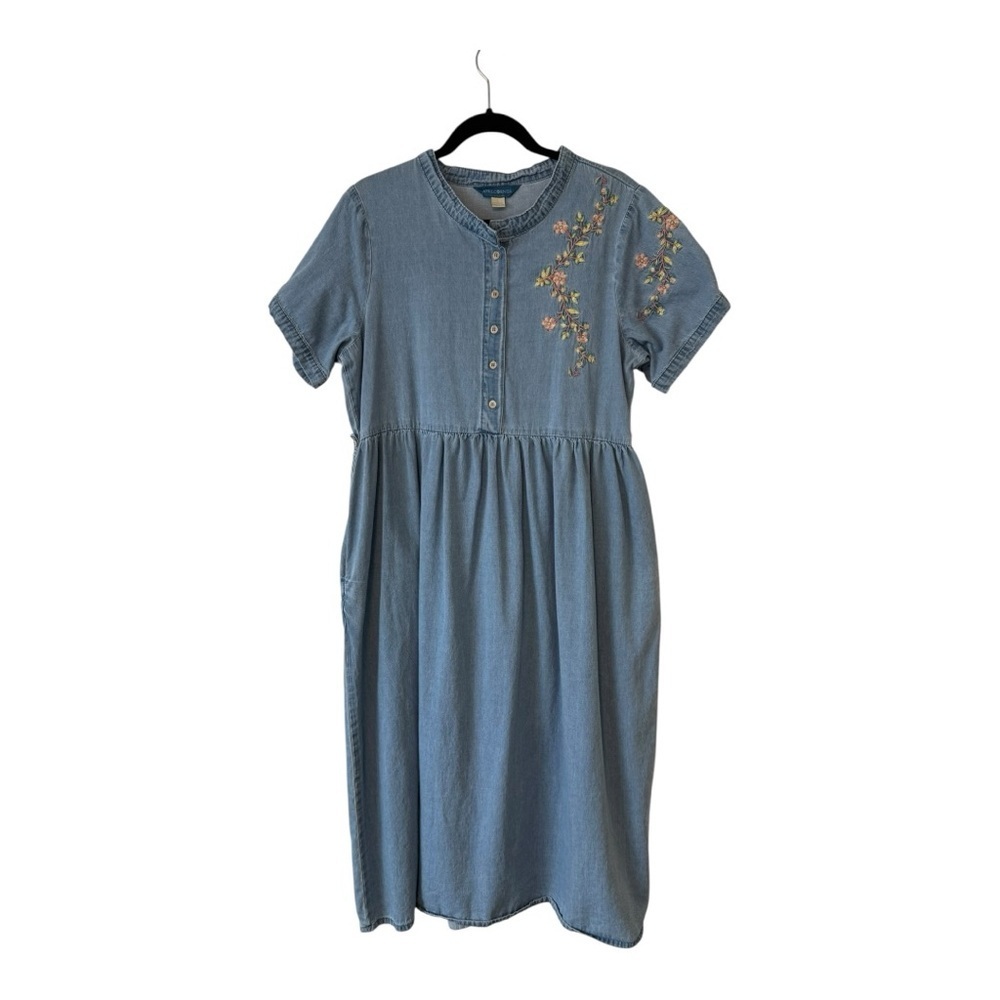 April Cornell Floral Embroidered Denim Midi Dress Cottagecore Light Wash Size L - Picture 2 of 14